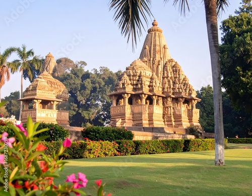 Ancient temples in a lush garden setting