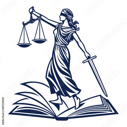 Lady justice standing on an open book holding scales and sword symbolizing law and fairness