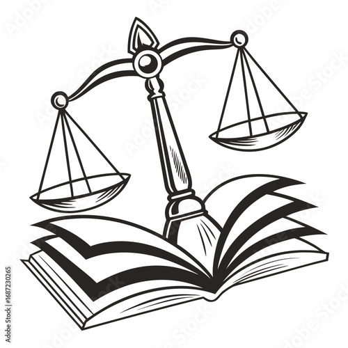 Scales of justice resting on an open book symbolizing legal knowledge and fairness in the legal system