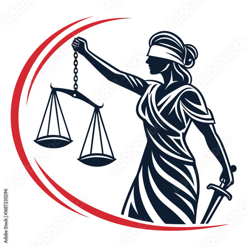 Stylized lady justice holding scales and sword symbolizing fairness and legal judgment within a red curved frame