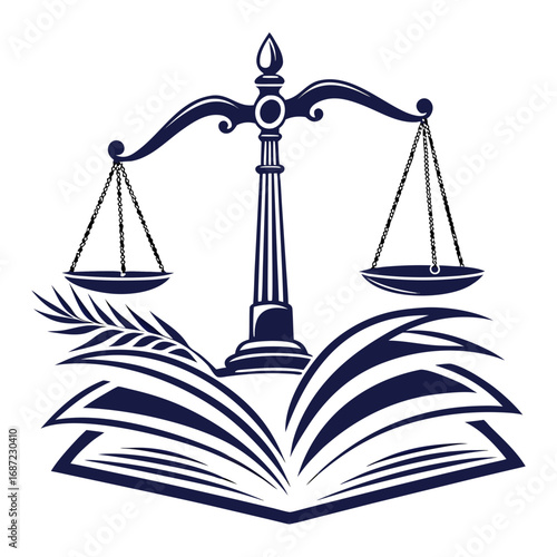 Symbol of justice scales balanced above open book and laurel branch representing law education and legal knowledge