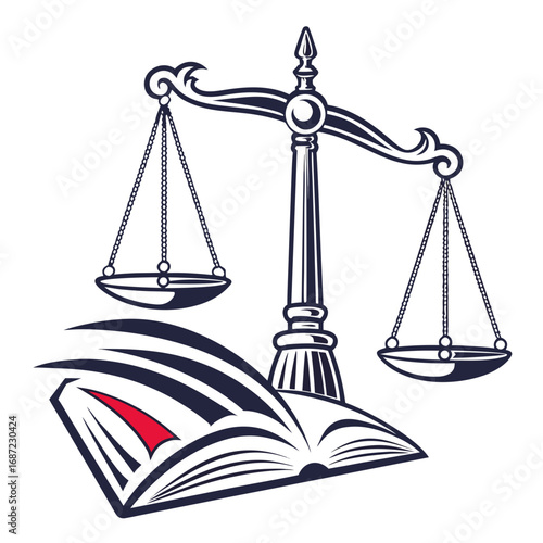Symbol of justice scales balanced over an open book representing legal knowledge and wisdom