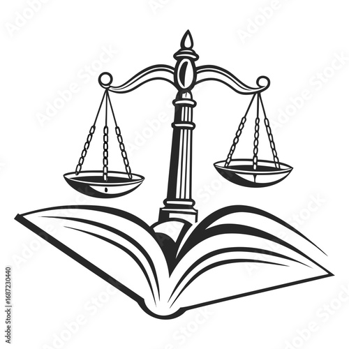 Symbol of justice scales balanced on an open book representing legal knowledge and wisdom