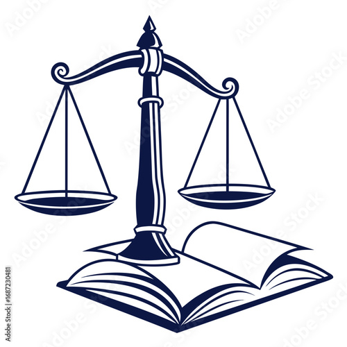 Symbol of justice scales of justice balanced on open law book representing legal knowledge and fairness