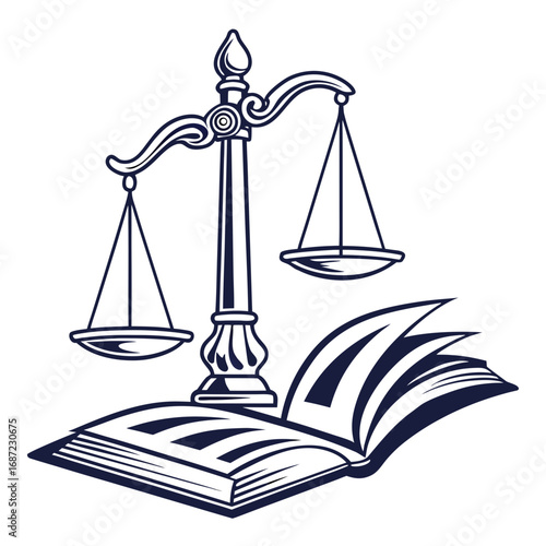 Symbolic illustration of the scales of justice balanced above an open book representing law and knowledge