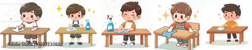 vector of a little boy wiping a dirty table