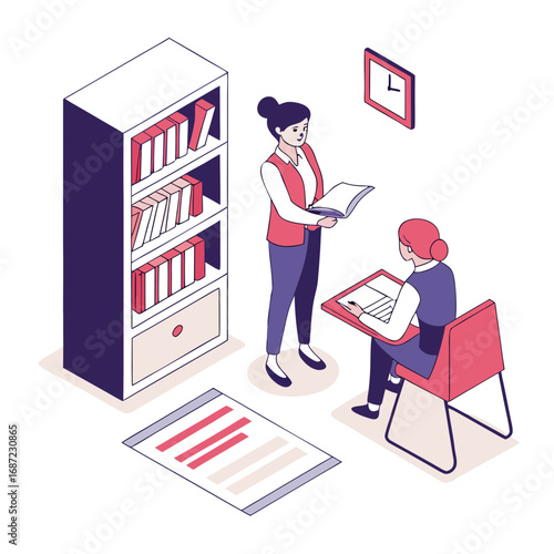 Teacher instructing student in classroom with bookshelf and clock on wall learning and education concept