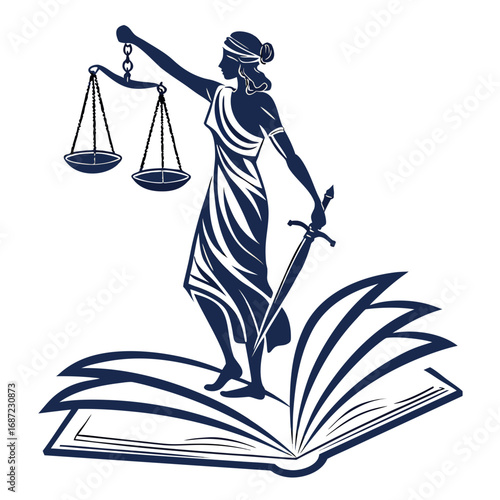 Symbolic silhouette of lady justice standing on open book holding scales and sword