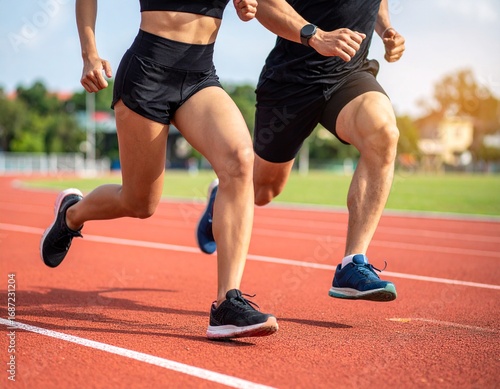 Low angle of close up feet runner runs on a red rubber running track, starting off using the starting block