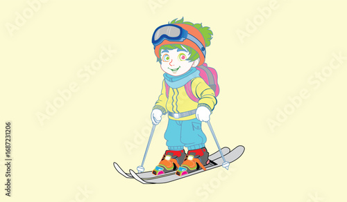 Colorful vector illustration of a happy child skiing, wearing bright winter clothes, helmet, scarf, gloves, and ski goggles. Cartoon style EPS artwork for winter sports, holidays, outdoor activities, 