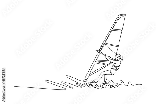 Single one line drawing beauty female athlete windsurfing on a wave. Athletic skill, freedom, and energetic power of the wind and ocean. Modern continuous line draw design graphic vector illustration
