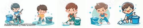 vector of a little boy mopping
