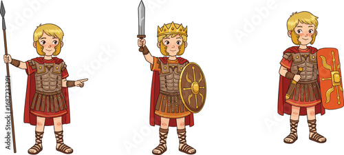 Cartoon Roman soldier boy in armor with red cape, spear, sword, and shield, historical warrior costume character for kids, educational vector illustration
