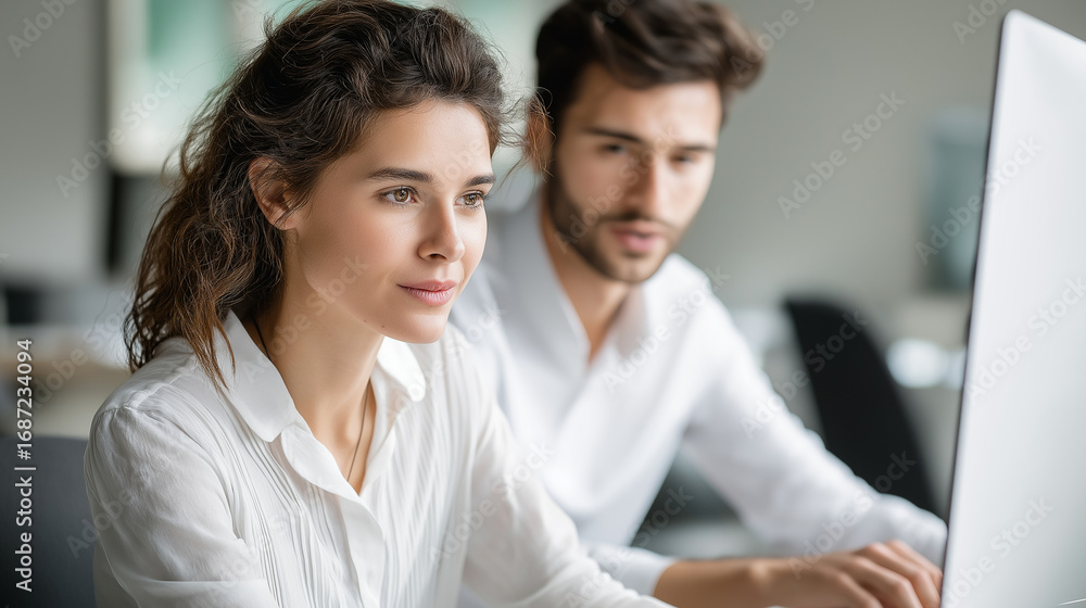 Fototapeta premium Colleagues work on a computer, the focused scene illuminated by soft light. Colleagues, computer, with copy space