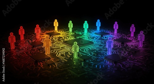 Diverse team members connect digitally on glowing circuit board, symbolizing global network and innovative collaboration for modern business growth and technology solutions