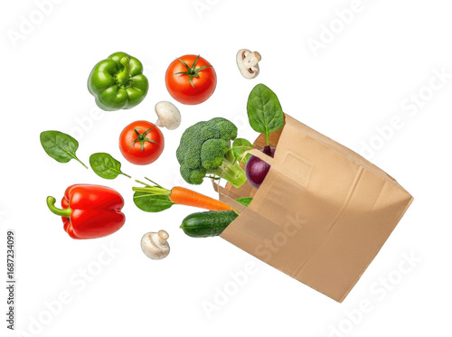 Fresh vegetables and mushrooms falling into a paper bag cutout isolated transparent bg png