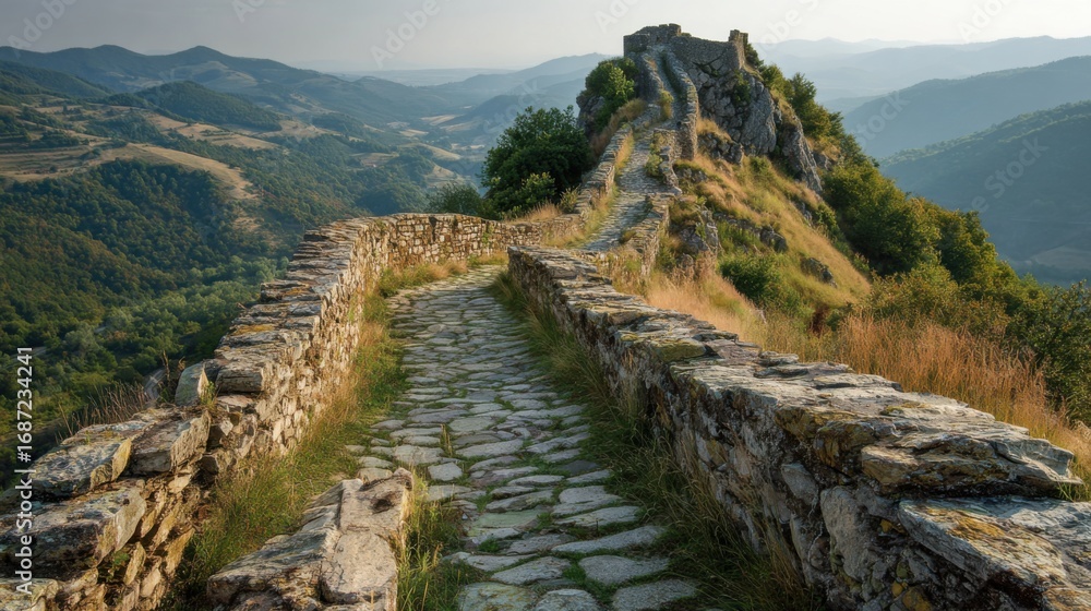 Fototapeta premium ancient stone path mountaintop castle