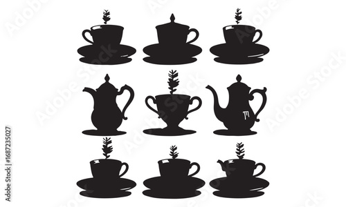 Tea cups and teapots silhouettes in black