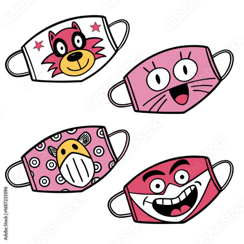 A vibrant set of four illustrated childrens face masks with funny cartoon animal faces and characters.