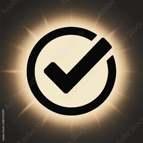 A bold black checkmark symbol inside a glowing circle representing completion success and a positive affirmation against a dark background