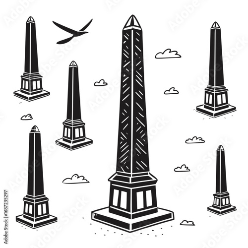 Black and White Hand-Drawn Obelisks with Detailed Geometric Patterns and Bases.