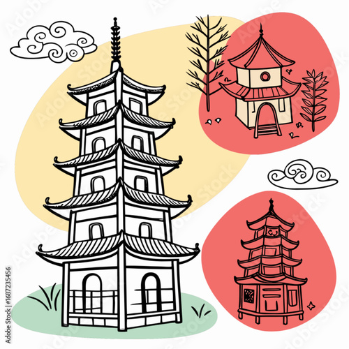 Tall five-tiered Asian pagoda with curved roofs black outline doodle style standing on green grass.