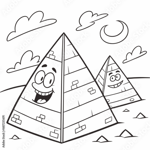 Cartoon Egyptian Pyramids with Smiling Faces Black and White Outline.