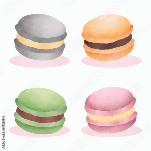 Watercolor painting of colorful macaroons illustration vector isolated. Macaroon cookies in various flavor and colors for asset, design, bakery, menu, poster
