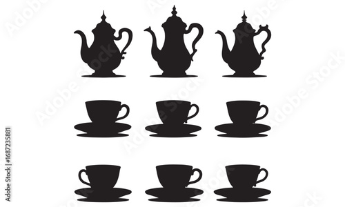 Tea cups and teapots silhouettes in black