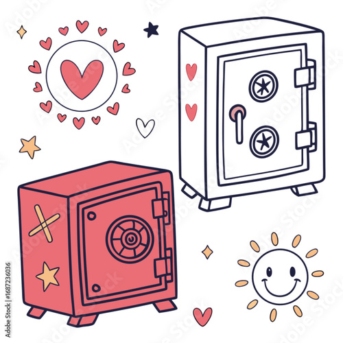 Adorable Cartoon Safes with Hearts and Stars Decorations.