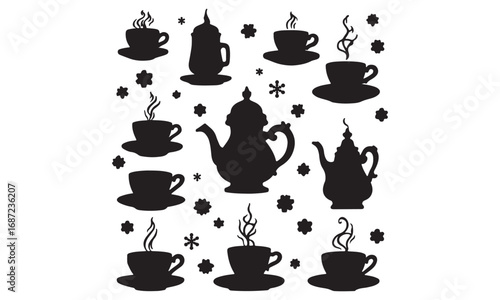 Tea cups and teapots silhouettes in black