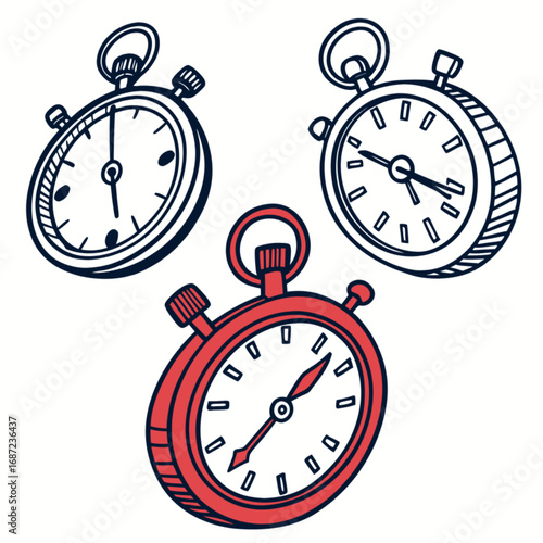 Hand-drawn Stopwatch Collection: Red and Black Outlined Time Measurement Devices.
