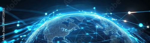 A digital depiction of Earth surrounded by glowing network lines, representing global connectivity and data flow.