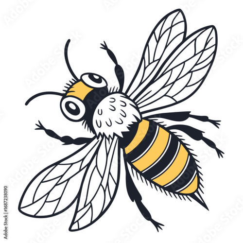 Stylized cartoon bee with yellow and black striped body and detailed outlined wings.