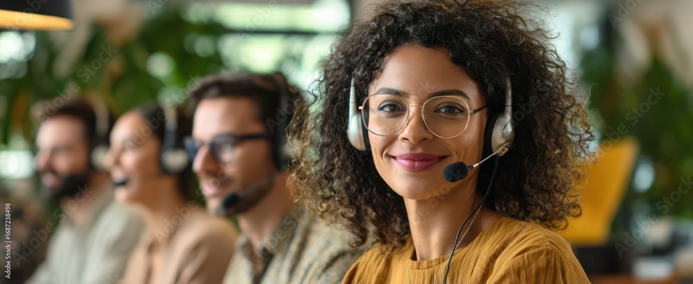 custom made wallpaper toronto digitalThe woman smiling as customer service agent wearing headset in modern office