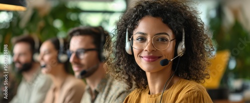 The woman smiling as customer service agent wearing headset in modern office
