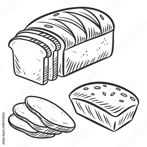 Detailed Black and White Illustration of Sliced and Whole Loaves of Bread.