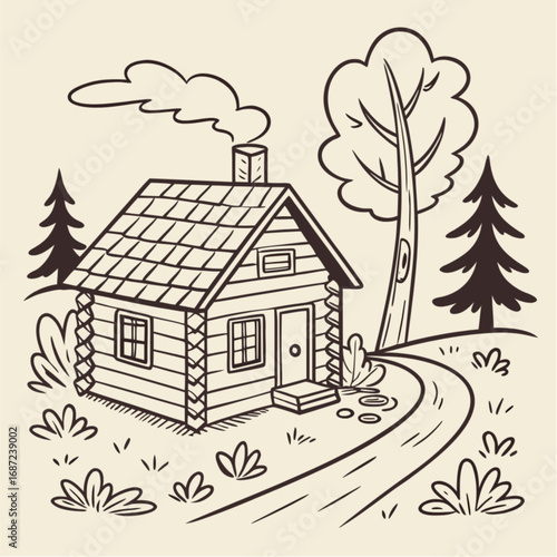 Black and White Cartoon Illustration of a Cozy Log Cabin in a Forest Scene.