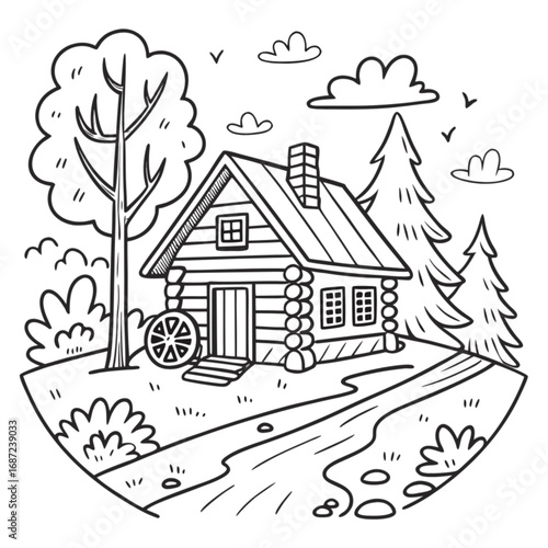 Charming Hand-Drawn Log Cabin Illustration Rustic Style.