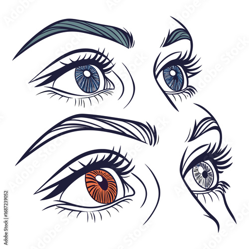 Vector illustration of a woman's brown eye with long eyelashes, a beautiful icon of fashion and makeup