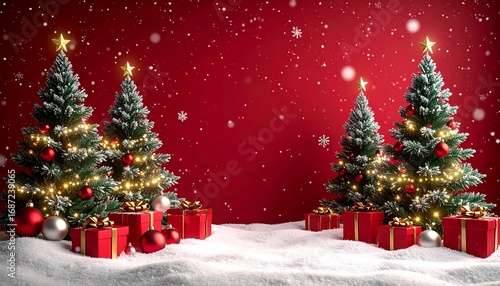 Christmas trees sparkle with lights and ornaments on snowcovered ground with red gift boxes, creating a festive and joyful holiday atmosphere.