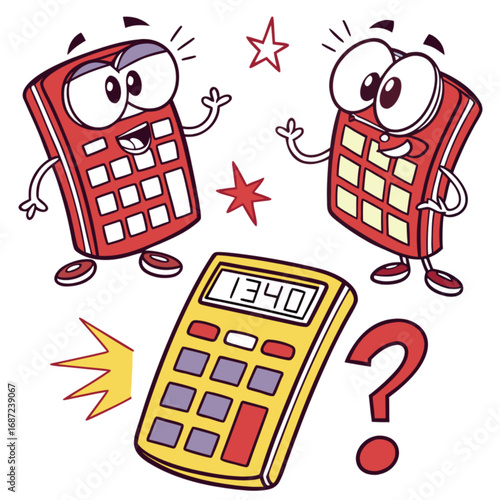 Cartoon Calculators: Red Yellow and Orange with Animated Expressions and Question Mark.