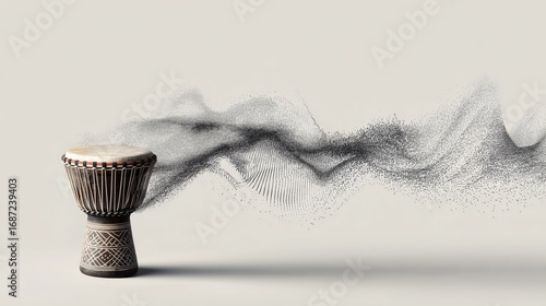 Traditional drum with sound waves, surreal cultural symbolism on white background