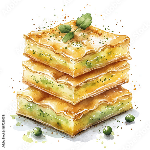 Baklava, watercolor clipart vector, isolated on a white background.