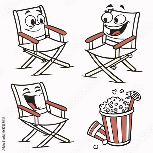 Cartoon Director Chairs and Popcorn Bucket with Happy Faces Movie Night Elements.