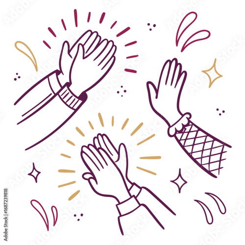 Doodle style hands clapping showing applause celebration and appreciation with colorful accents.