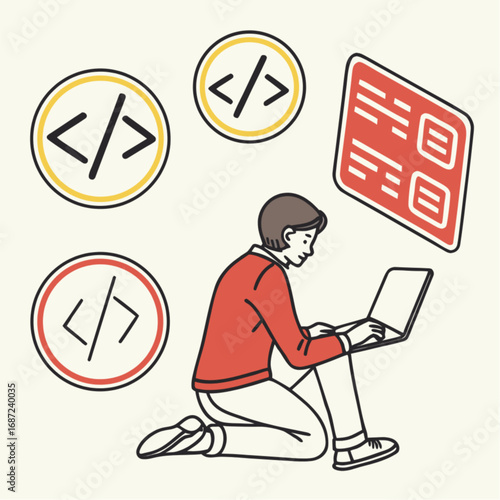 Cartoon programmer coding on laptop with code symbols wearing red shirt kneeling pose.