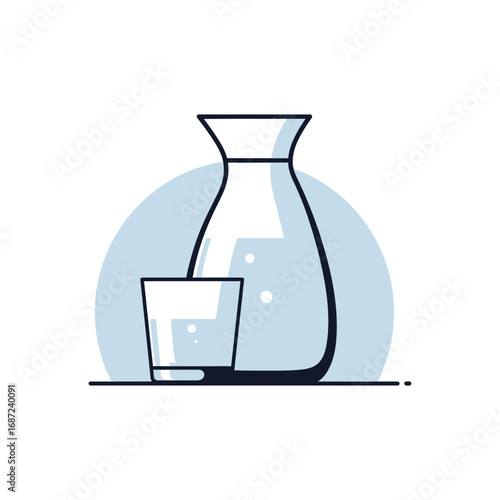 Japanese Sake Set Illustration: Clear Glass and Carafe.