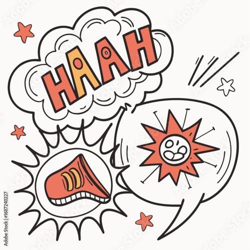 Comic book style illustration of a sneeze with HAAH onomatopoeia a cartoon germ and a shoe.