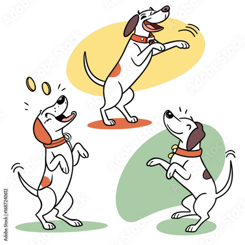 Set of three happy spotted cartoon dogs in playful poses on their hind legs.